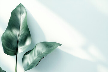 Poster - Two large, elegant green leaves against a soft, light blue wall, bathed in sunlight.