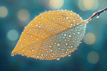 Poster - A single autumn leaf, glistening with morning dew, displays nature's beauty.