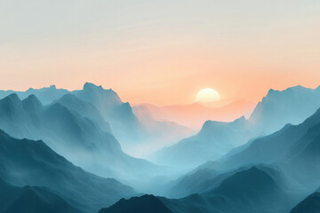 Poster - Serene sunrise over a misty mountain range, painting a breathtaking landscape.