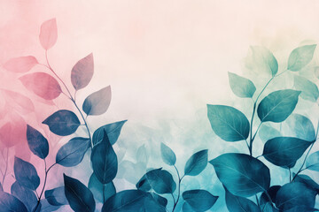 Poster - Pastel pink and teal leaves on a soft background create a serene and artistic botanical illustration.