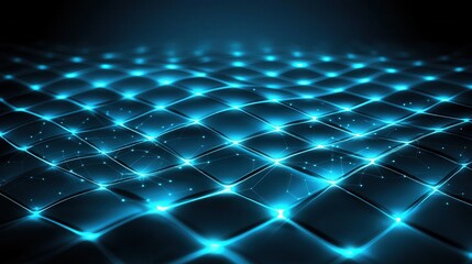 Poster - Futuristic abstract background with a dark blue glowing digital grid structure and luminous intersecting lines creating a sleek cyberpunk inspired visual effect