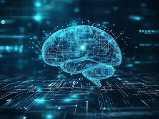 Poster - Artificial intelligence and machine learning concept with digital graphic human brain layout and lines inside on abstract dark technological background 3D rendering