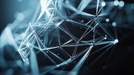 Poster - a complex interconnected digital network grid composed of triangular shapes and lines set against a 