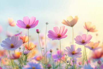 Aufkleber - Pastel cosmos flowers bloom in a field bathed in sunlight, creating a serene and beautiful scene.