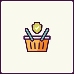 Poster - Secure Shopping: A stylized icon of a vibrant shopping basket with a protective shield
