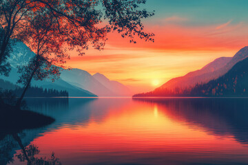 Poster - Serene sunset over a tranquil lake nestled amidst majestic mountains, reflecting vibrant hues.
