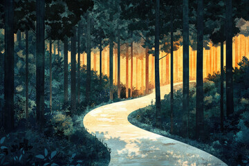 Poster - A winding path through a sunlit forest, leading towards a hopeful and mysterious destination.