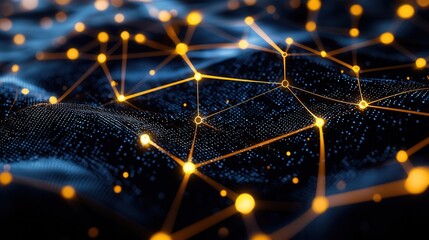 Poster - Captivating abstract design featuring a complex digital grid with a dark blue background and a vibrant interconnected network of glowing lines and points
