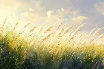 Poster - Golden hour sunlight illuminates tall grasses swaying gently in a summer meadow.