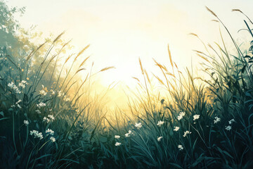 Poster - Sunrise illuminates tall grasses and delicate wildflowers in a serene, peaceful meadow.