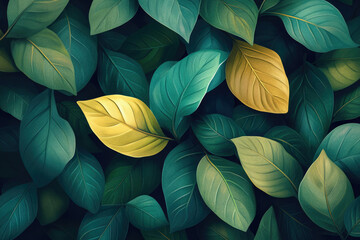 Aufkleber - Vibrant green leaves with two contrasting golden leaves, creating a lush and natural backdrop.