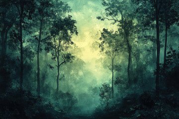 Poster - A mystical, fog-laden forest path winds through tall, dark trees, creating an ethereal atmosphere.