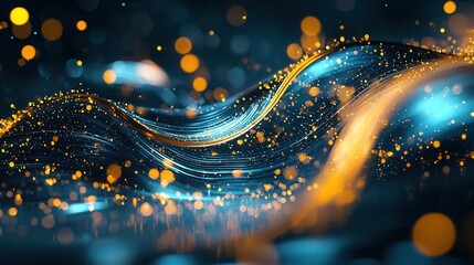 Poster - Captivating abstract composition of luminous flowing neon gold wave lines interspersed with shimmering bokeh creating a futuristic mesmerizing visual experience