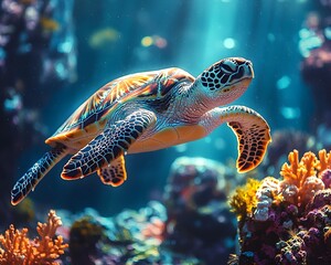 Wall Mural - Captivating Underwater Seascape with Vibrant Coral and Sea Turtles