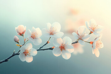 Poster - Delicate white blossoms on a branch, bathed in soft sunlight, symbolizing spring's gentle arrival.