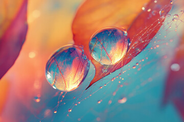 Aufkleber - Two vibrant water droplets rest on a delicate leaf, reflecting the autumnal colors.