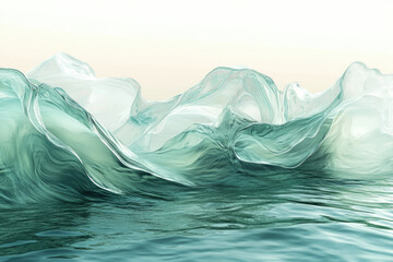 Poster - Abstract teal waves forming ethereal, translucent mountains on a calm sea.