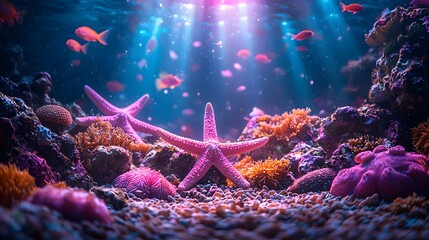 Wall Mural - Glowing Coral Garden Teeming with Vibrant Marine Biodiversity and Colorful Starfish