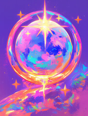 Aufkleber - vibrant abstract image features glowing orb surrounded by stars, set against colorful gradient background. warm hues and dynamic composition create sense of cosmic wonder and energy