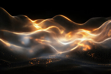 Poster - Abstract golden wave of glowing particles on dark background. Digital art, futuristic technology concept.