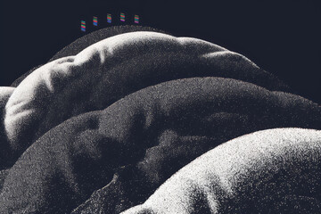 Aufkleber - Abstract black and white image featuring layered, textured curves resembling waves or dunes, with grainy effect and subtle digital distortion