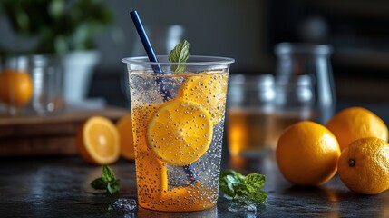 Aufkleber - A clear cup filled with sparkling water, orange slices, and mint leaves sits on a dark countertop. Fresh oranges are displayed nearby, enhancing the bright and refreshing atmosphere.