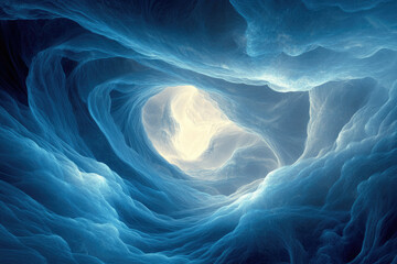 Poster - Abstract fractal art depicting a swirling, ethereal blue cave opening to a luminous center.