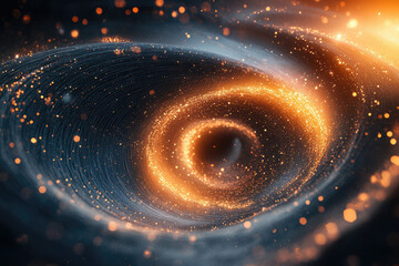 Poster - A swirling vortex of golden particles and dark matter, creating a mesmerizing cosmic scene.