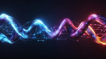 Poster - Luminous abstract waves of neon energy pulsing and flowing across a dark digital landscape representing the dynamic forces of technology and innovation