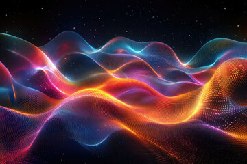 Poster - Abstract vibrant waves of light and particles flow across a dark background resembling a cosmic landscape.