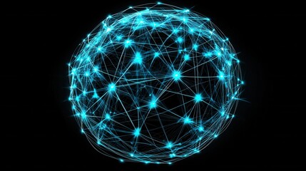 Fototapete - A blue glowing abstract wireframe sphere representing a complex interconnected global network of digital technology communication and data flow