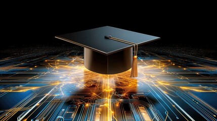 Poster - A sleek graduation cap blending into an abstract digital network, symbolizing e-learning.