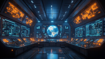 Poster - Futuristic control center with glowing screens and Earth view, showcasing advanced technology