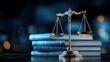 © ADD PHOTO - An atmospheric legal scene featuring a pair of exquisite scales of justice balanced atop a stack of authoritative law books symbolizing the pursuit of fairness and the application of the law