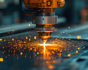 Poster - robotic arm with laser cutting precision on metal, creating sparks