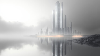 Poster - sleek modern skyscraper rising from misty landscape, reflecting in water