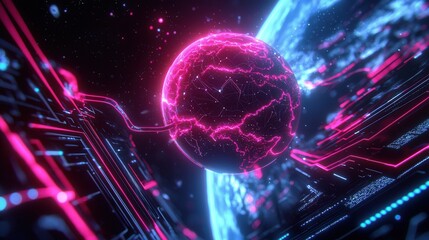 Fototapete - a vibrant glowing digital sphere pulsing with energy surrounded by a complex network of interconnect