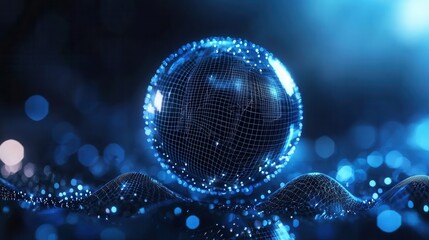 Poster - a digital 3d wireframe sphere with an illuminated grid pattern symbolizing the interconnected futuri