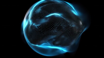 Fototapete - Glowing blue 3D wireframe sphere composed of a complex grid pattern with flowing particles and dynamic movement creating an abstract futuristic and hi tech visual effect