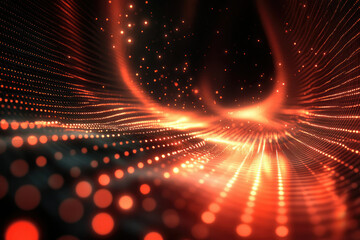 Aufkleber - Abstract orange glowing particles forming a wave-like structure in a dark background.