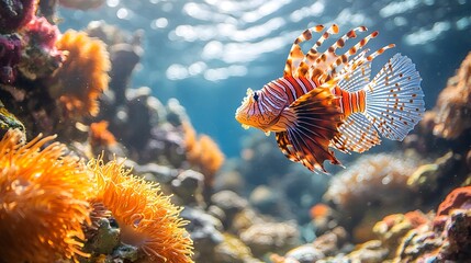 Wall Mural - Mesmerizing Underwater Coral Garden Featuring Graceful Lionfish Drifting Through Vibrant Reef