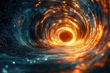 Poster - A swirling cosmic vortex, fiery orange and deep blue, leads to a glowing, star-filled center.