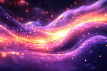 Poster - Abstract cosmic waves of vibrant purple, pink, and orange hues, shimmering with glittering particles.