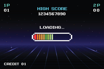 Poster - LOADING. pixel art. 8 bit game. Retro Futurism Sci-Fi Background. glowing neon grid and star from vintage arcade computer games.