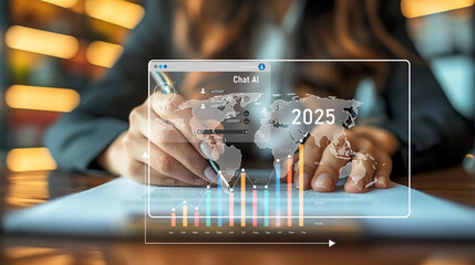 Poster - A businesswoman meticulously examines a futuristic financial forecast on a transparent screen, mapping out the year 2025, symbolizing strategic planning and market analysis.Generative ai illustration.
