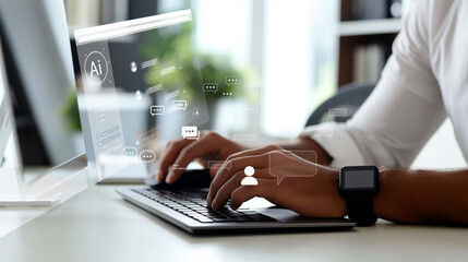 Aufkleber -  A modern office setting showcasing a person working on a computer, augmented by futuristic digital overlays representing artificial intelligence and communication.Generative ai illustration.