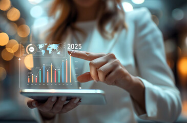 Poster - A business professional, gazing at a holographic projection of data, points to projected 2025, revealing complex charts, representing market trends, and global statistics.Generative ai illustration.