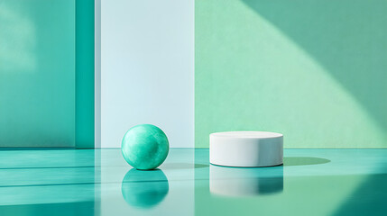Poster - Simple yet striking green sphere resting on a table highlighting minimalism and modern design in an elegant and clean environment.