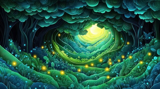 Layered paper cut illustration of a magical enchanted forest with glowing fireflies