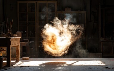 Poster - Bright Orange Sparks Explosion In Dark Industrial Workshop With Sunlight From Windows